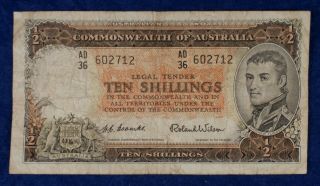 1961 - 65 Australia 10 Shillings 1/2 Pound Banknote Currency