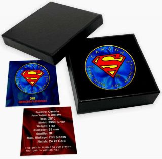 2016 Canada Maple Leaf SUPERMAN SHIELD Colorized 1oz.  9999 Silver - Box & 3