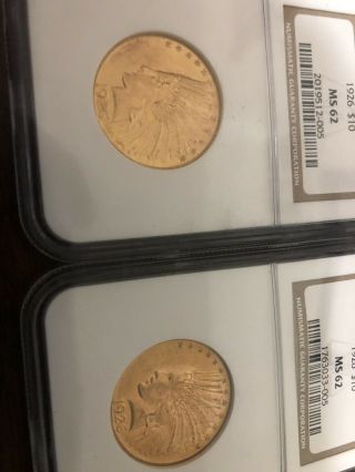 2 - 1926 - $10 U.  S.  Gold Indian Head Eagle Ngc Ms62 - Nr - Fs