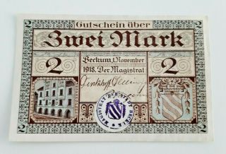 Beckum Notgeld 2 Mark 1918 Emergency Money Germany Banknote (10438)