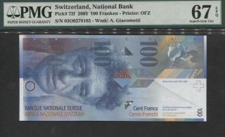 Tt Pk 72f 2003 Switzerland National Bank 100 Franken Pmg 67q None Finer
