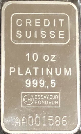 10 Oz Platinum Bar - Credit Suisse - 999.  5 Fine With Assay