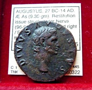 Augustus Æ As.  Restitution Issue Under Nerva Bare Head / Eagle 96 Ad.