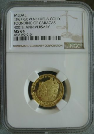 1967 Venezuela Founding Of Caracas 400th Anniversary Gold 6g Medal Ngc Ms - 64