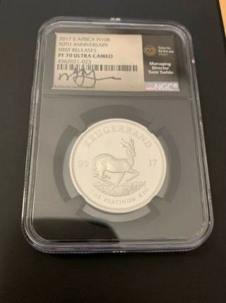 2017 South Africa 1oz Platinum Krugerrand Proof Ngc Pf70 Ultra Cameo 50th Annive