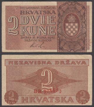 Croatia 2 Kuna (kune) 1942 (vf, ) Banknote P - 8