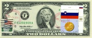$2 Dollars 2013 Stamp Cancel Flag Of Un From Slovenia Lucky Money Value $99.  95