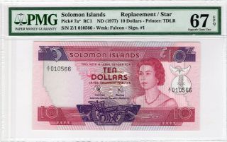Solomon Islands 10 Dollars 1977 P - 7a Replacement Pmg Gem Unc 67 Epq