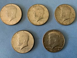 Five 1964 - D Kennedy Half Dollars