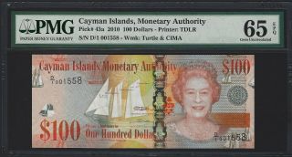 2010 Cayman Islands $100 Dollars,  P - 42a D/1 Prefix Sn 1558,  Pmg 65 Epq Gem Unc