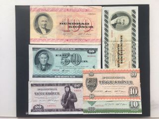 Faeroe Islands 1967 - 90,  6 Notes,  2x10,  20,  50,  And 2x100 Kroner,  Au - Vg,  Scarce