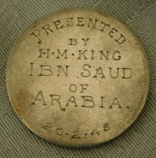 Rare Ww2 Saudi Arabia King Ibn Saud Etched Presentation Coin Churchill Roosevelt