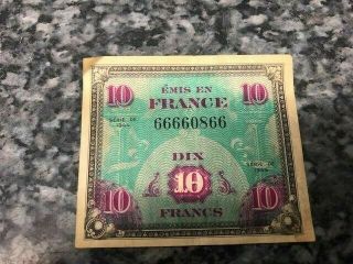 1944 Emis En France Dix 10 Francs Banknote Military Ww2 Flag 041619
