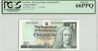 Scotland,  The Royal Bank Of Scotland 2001 P - 351e Pcgs Gem 66 Ppq 1 Pound