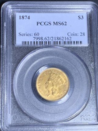 1874 Indian Princess Head $3 Gold Piece - Pcgs Certified Ms62