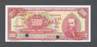 Brazil 5000 Cruzeiros Nd (1962) P182as Specimen Tdlr Uncirculated