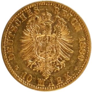 1880 GOLD 10 MARK GERMANY - BAVARIA,  VERY SCARCE,  UNCIRCULATED 2