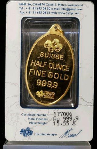 1/2 oz Fortuna Oval - Shaped Pamp Suisse Pure Gold.  9999 Pendant Cer.  177006 2