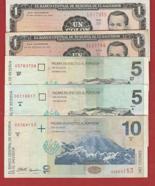 El Salvador 6 Notes 1 - 5 - 10 Colones 1971 - 1998 Scarce Note Grade