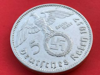 German Nazi Silver Coin 1937 A 5 Reichsmark.  900 Silver Big Swastika