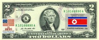 Us $2 Dollars 2009 Stamp Cancel Flag Of Un From Korea Lucky Money Value $99.  9