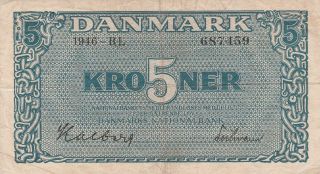1946 Denmark 5 Kroner,  Prefix Bl,  Pick 35 C,  Left Signature: Halberg