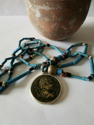 ROMAN COIN CHAIN WITH 2,  000 YEAR OLD COIN OF CARACALLA ON BLUE FAIENCE 3