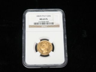 1882r Italy G20l Gold Coin Ngc Graded Ms 63 Pl