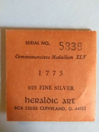 1973 Heraldic Art Boston Tea Party Sterling Silver Medal With Envelope