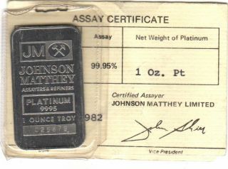 Johnson Matthey 1 Oz Platinum Bar With Assay Certificate Bar 025879