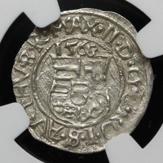 HUNGARY.  Silver Denar,  Maximilian II,  1568 - KB,  NGC MS63 2