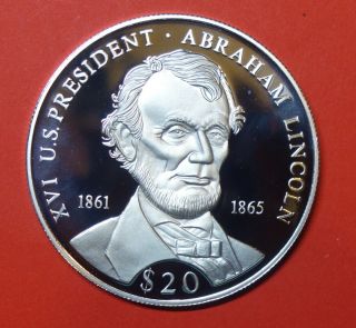 Liberia ; Silver Proof 20 Dollars 2000.  Abraham Lincoln.  0.  999 Silver