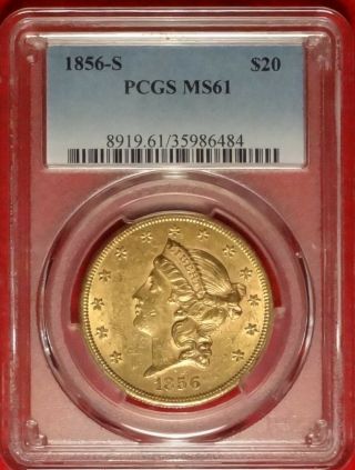 1856 - S $20 Pcgs Ms 61 Uncirculated San Francisco Liberty Gold Double Eagle Coin