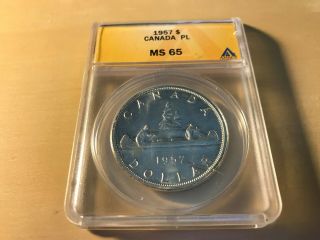 1957 Canada 1 Dollar Graded Ms65pl By Anacs.  600 Oz Of Silver