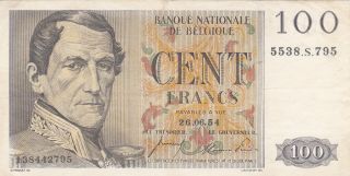 100 Francs Very Fine Banknote From Belgium 1954 Pick - 129c