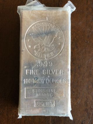 100 Oz Sunshine Silver Bar.  999 Fine (pressed With Plastic Seal
