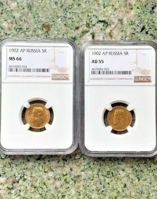 1902 5 Rouble Gold Ap Russia Ngc Ms66 & Au55 2 Coins