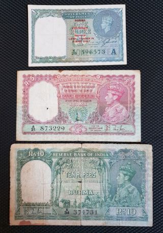 India Burma 1 - 5 - 10 Rupees,  Kg Vi,  1938 Sign Taylor (3 Notes) P4 P5