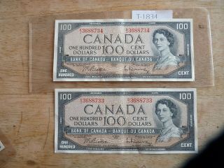 Vintage 2x Banknote Canada 1954 100 Dollar Sequance Number T1834