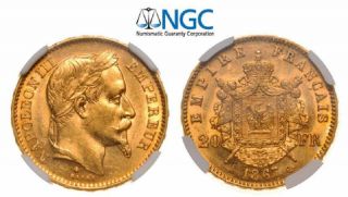 1867 A France - Napoleon Iii - Gold 20 Francs - Ngc Ms 62