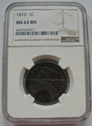 1810 Classic Head Large Cent Ngc Ms 63 Fantastic Color & Great Luster