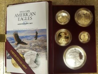 1995 - W American Eagle 10th Anniversary Gold & Silver Bullion Proof Set Ogp &