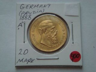 1888 - A Germany (prussia) 20 Mark Gold In.