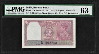 British India,  1943,  2 Rupees,  Pmg Choice Unc 63,  Deshmukh Sign Note,  Pick 17b