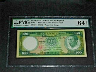 Equatorial Guinea,  Banco Popular Pmg 64 Choice Unc Epq 100 Ekuele 1975 Pick 11