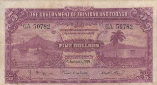 5 Dollars Fine Banknote From British Trinidad And Tobago 1939 Pick - 6b Very Rare