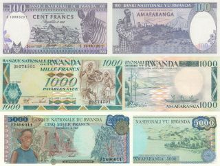 Rwanda 3 Note Set: 100 To 5000 Francs (1988/1989) - P26,  P27,  P29b Unc