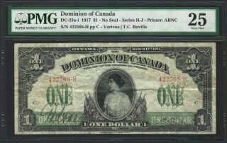 1917 Canada $1 Dollar,  Bc - 23a - I No Seal,  Pmg 25 Orig Vf,  Very Bold Signature