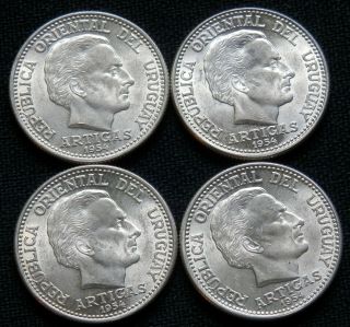 Uruguay,  4 Brilliant Uncirculated (bu) 20 Centimos 1954 Silver Coins