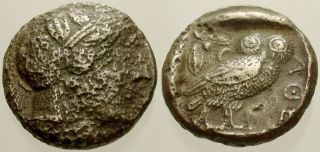 034.  Greek Silver Coin.  Athens.  Ar Tetradrachm.  Athena / Owl.  Avf/vf
